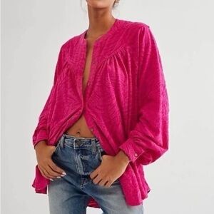 Free People Fuchsia Can’t Stop Dreaming Button-Down Flowy Shirt Blouse Tunic